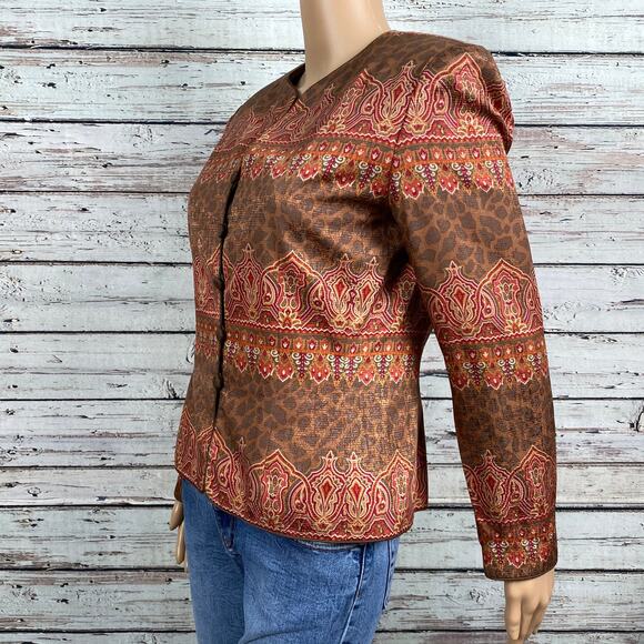 Vintage Adrianna Papell Brown Floral Mandarin Style Blazer Jacket SZ 4 Silk - Picture 6 of 8
